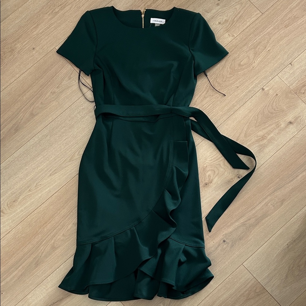 Calvin Klein Dark Green Midi Dress with Ruffle Hem - Picture 2 of 4
